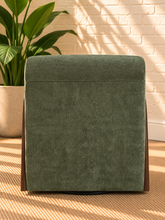 Load image into Gallery viewer, Image 4 of 5: Valerie Walnut swivel lounge chair in Smoked Moss Chenille with curved wood arms and sculptural Mid-Century Modern design