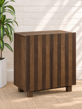 Load image into Gallery viewer, Veda dark oak bar cabinet with vertical striped oak and walnut veneer doors and raised wood base