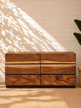Load image into Gallery viewer, Image 1 of 4: Velez 6-Drawer Mahogany Dresser in Natural Walnut with live edge-style wood grain drawer fronts and floating base