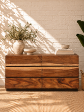 Load image into Gallery viewer, Image 2 of 4: Velez 6-Drawer Mahogany Dresser in Natural Walnut with live edge-style wood grain drawer fronts and floating base