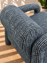 Load image into Gallery viewer, Verona slate blue lounge chair with raised striped upholstery, rounded bolster back, padded arms, and wide cushioned seat