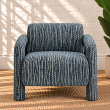 Load image into Gallery viewer, Verona slate blue lounge chair with raised striped upholstery, rounded bolster back, padded arms, and wide cushioned seat