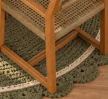 Load image into Gallery viewer, Victoria warm teak outdoor dining set with round slatted pedestal table and four woven faux rattan armchairs