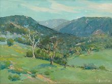 Load image into Gallery viewer, Original Felice Hrovat landscape painting with rolling green hills, mature trees and deep blue mountains in an ornate gold-tone frame.