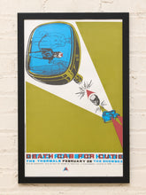 Load image into Gallery viewer, Framed Death Cab for Cutie and The Thermals concert poster with retro television graphic in olive green, blue, red, and black