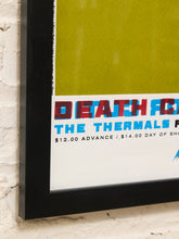 Load image into Gallery viewer, Framed Death Cab for Cutie and The Thermals concert poster with retro television graphic in olive green, blue, red, and black