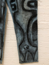 Load image into Gallery viewer, Cesar Platero hand-painted blue denim jeans with large black and gray abstract shapes, circles, lines, and expressive graphic artwork.