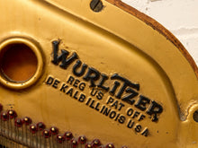 Load image into Gallery viewer, Deconstructed piano harp with gold-tone cast metal frame, exposed strings, tuning pins, red felt, and aged patina