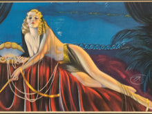 Load image into Gallery viewer, Art Deco-style portrait of woman in red gown with feather fan and pearls in an ornate gold-tone floral frame with black mat