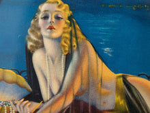 Load image into Gallery viewer, Vintage-style painting of a reclining blonde woman against a deep blue background, with warm peach and gold tones in her skin and hair, and dark draped fabric.