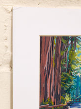 Load image into Gallery viewer, A matted art print featuring a colorful painting of redwood trees, shown against a textured beige plaster wall.