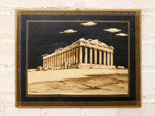 Load image into Gallery viewer, Pair of Neoclassical Greek colonnade architectural artworks on black backgrounds with gold Greek key borders and floating clouds