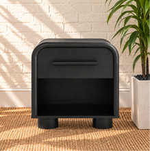 Load image into Gallery viewer, Vivienne one drawer nightstand in Charcoal with rounded frame, single drawer, long handle, open shelf, and cylindrical feet