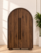 Load image into Gallery viewer, Vivienne dark walnut secretary cabinet with arched double doors, interior shelving, and fold-out writing desk