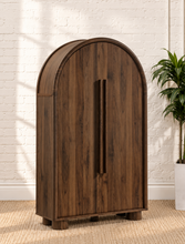 Load image into Gallery viewer, Vivienne dark walnut secretary cabinet with arched double doors, interior shelving, and fold-out writing desk