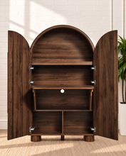 Load image into Gallery viewer, Vivienne dark walnut secretary cabinet with arched double doors, interior shelving, and fold-out writing desk