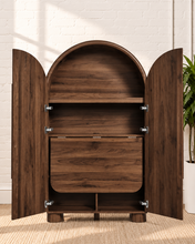 Load image into Gallery viewer, Vivienne dark walnut secretary cabinet with arched double doors, interior shelving, and fold-out writing desk