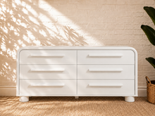 Load image into Gallery viewer, Vivienne six drawer dresser in soft white with rounded frame, long matching handles, and rounded feet