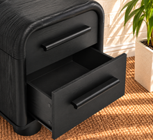 Load image into Gallery viewer, Vivienne two drawer nightstand in Charcoal with curved frame, black oak finish, elongated handles, two drawers, and rounded feet