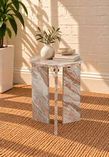 Load image into Gallery viewer, Zanea marble side table in Cocoa Vein with round brown marble top and sculptural three-panel base
