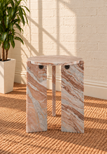 Load image into Gallery viewer, Zanea marble side table in Cocoa Vein with round brown marble top and sculptural three-panel base