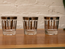 Load image into Gallery viewer, Vintage Dorothy Thorpe Silver Stripe Liqour Glasses Set of 3 MCM Barware Mid-Century Modern Platinum Rimmed Cord