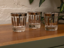 Load image into Gallery viewer, Vintage Dorothy Thorpe Silver Stripe Liqour Glasses Set of 3 MCM Barware Mid-Century Modern Platinum Rimmed Cord