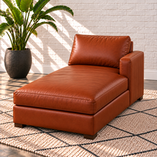 Load image into Gallery viewer, Image 12 of 14: Simulated Hollis right-arm chaise in Mont Blanc Caramel leather, 36 inches wide by 63 inches deep, with one continuous cushion and arm on the viewer's right, in a styled Sunbeam setting.