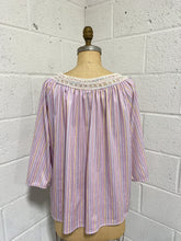 Load image into Gallery viewer, Lilac Striped Blouse with Crochet Neckline