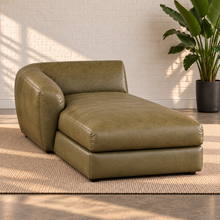 Load image into Gallery viewer, Image 7 of 8: Lucero olive-toned leather left-arm chaise with a continuous extended seat cushion, rounded arm on the viewer's left and an open right side.