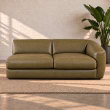 Load image into Gallery viewer, Image 5 of 8: Lucero 79-inch olive-toned leather sofa section with two seat cushions, a rounded arm on the viewer's right and an open left end.