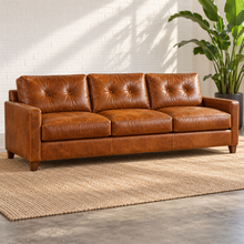 Load image into Gallery viewer, Image 1 of 3: Solano 92-inch three-seat sofa in caramel Sequoia Fawn leather with tufted back cushions, slim track arms and walnut legs.