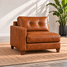 Load image into Gallery viewer, Image 4 of 13: Solano left-arm-facing chair component in distressed Sequoia Fawn leather, with a tufted back and walnut legs; arm on the viewer's left.