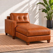 Load image into Gallery viewer, Image 7 of 13: Solano left-arm chaise in Sequoia Fawn leather with long continuous seat cushion, tufted back and walnut legs