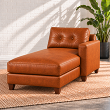 Load image into Gallery viewer, Image 8 of 13: Solano right-arm chaise in Sequoia Fawn leather with long continuous seat cushion, tufted back and walnut legs