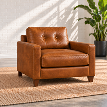 Load image into Gallery viewer, Image 1 of 2: Solano leather armchair in distressed Sequoia Fawn with a button-tufted back, track arms and tapered walnut legs.