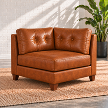 Load image into Gallery viewer, Image 5 of 13: Solano square-corner unit in distressed Sequoia Fawn leather with two tufted back cushions and walnut legs.