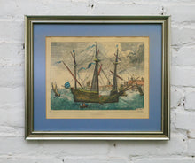Load image into Gallery viewer, Warship in Profile Hand-Colored Engraving After Bruegel by Frans Huy
