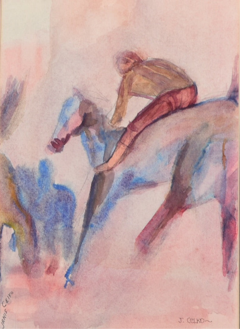 watercolor painting of horse and rider