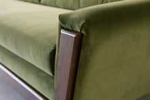 Load image into Gallery viewer, 96" Desmond Walnut Framed Sofa in Olive Green