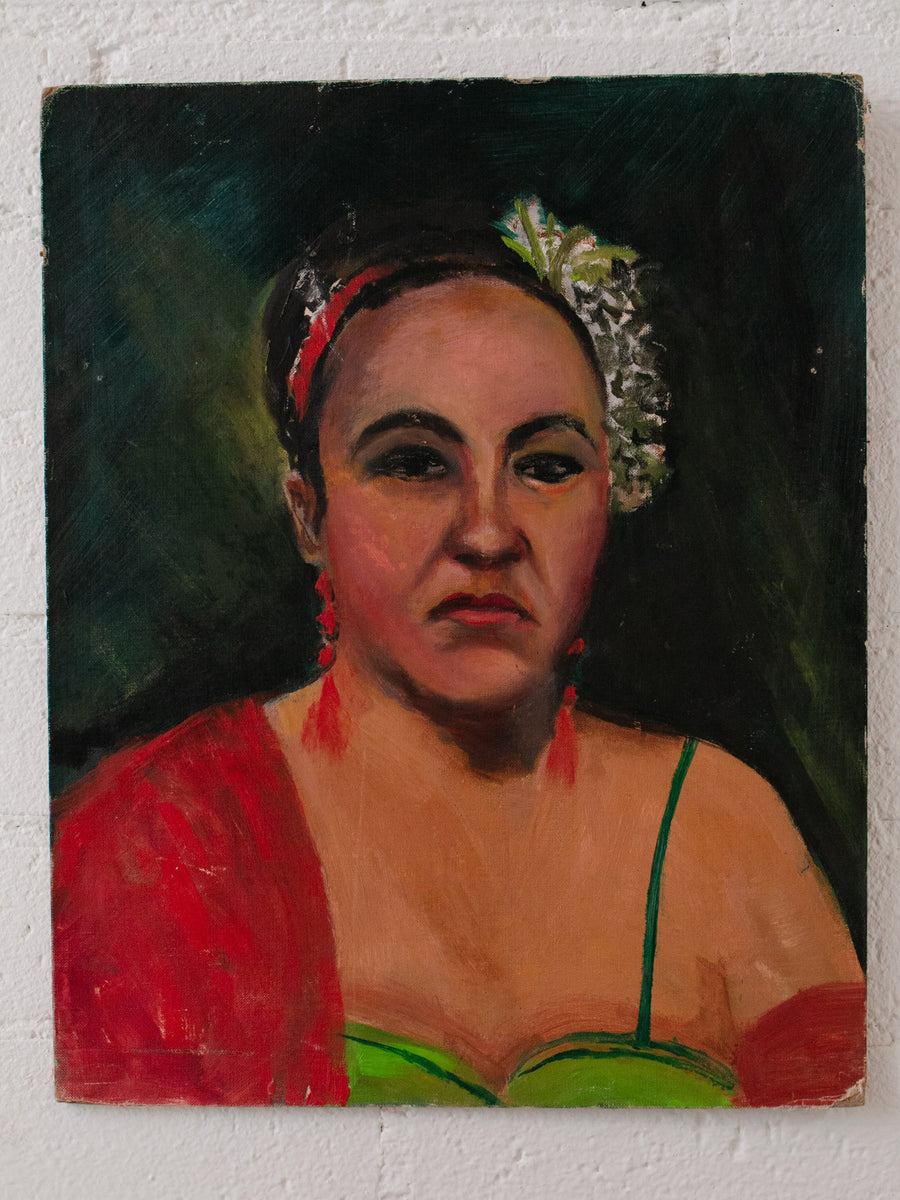 Original Oil Portrait Painting of Lady In Red – Sunbeam Vintage