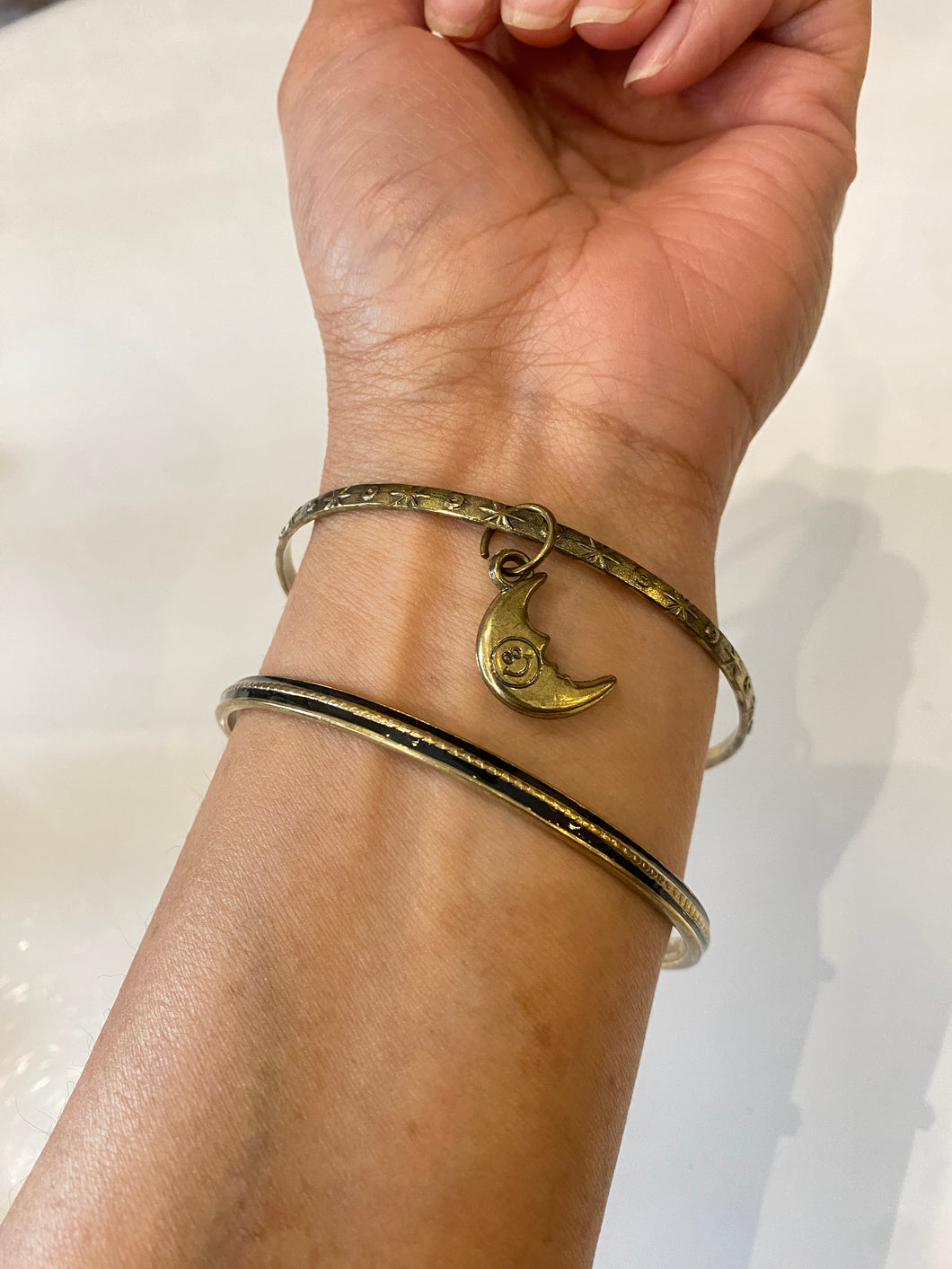 Set of 2 Gold Bangles with Moon Charm