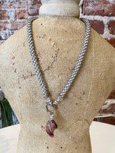 Load image into Gallery viewer, Beaded Necklace with Purple Lucite Pendant
