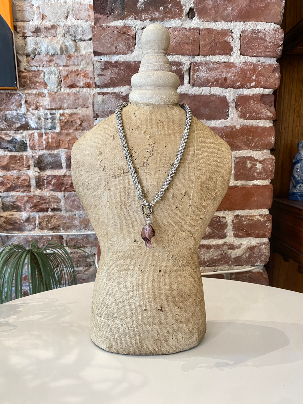 Beaded Necklace with Purple Lucite Pendant