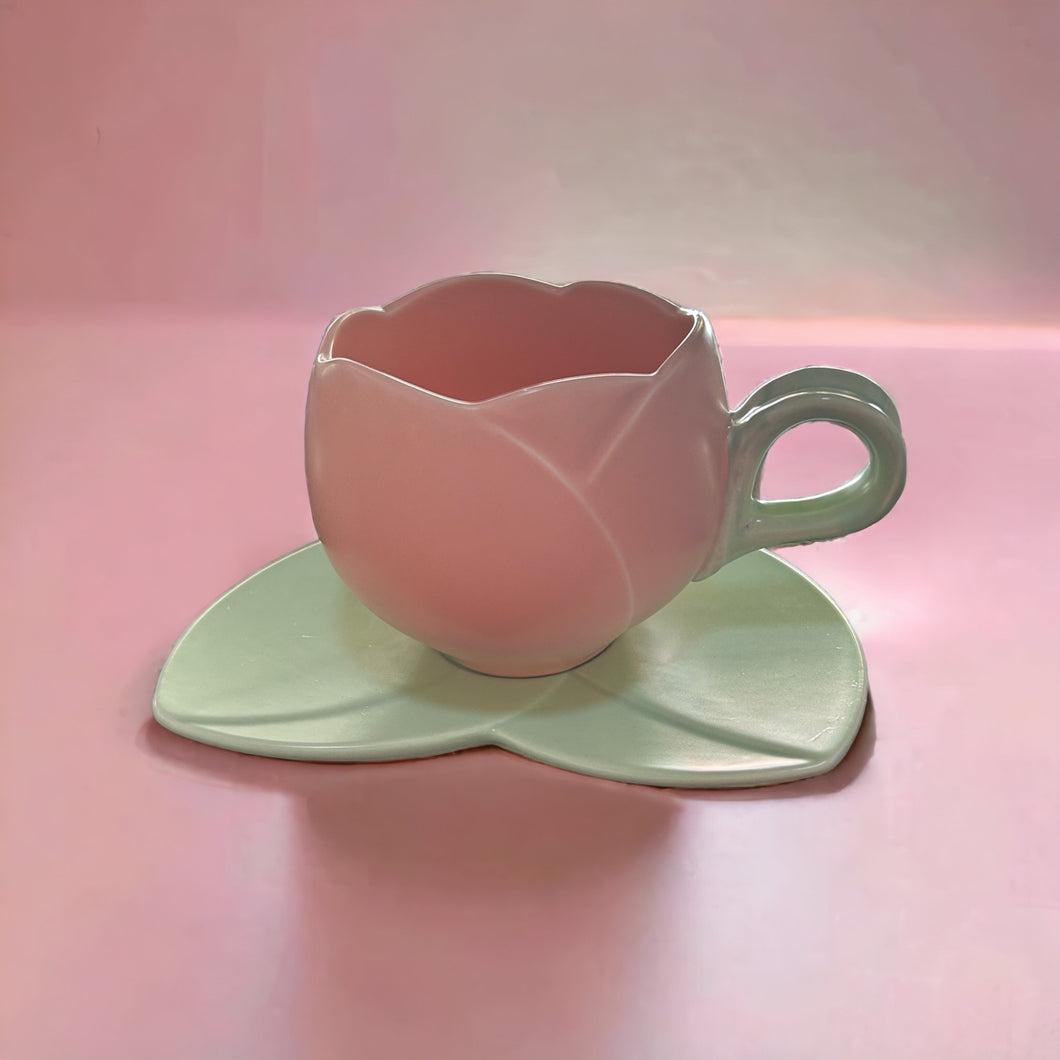 Tulip shaped Mug and Saucer pink and green