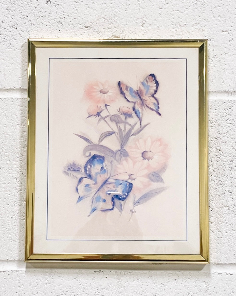 Butterfly and Flowers Print, Framed