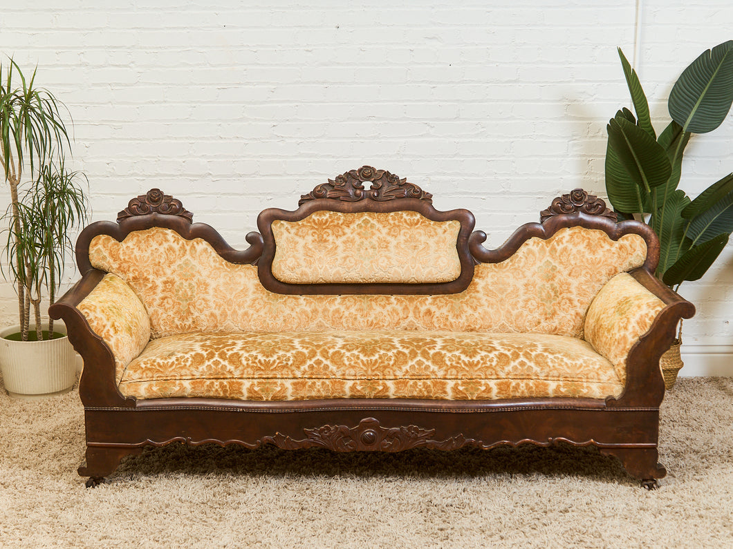 Edwardian Solid Walnut Frame Victorian Damask Gold Sofa