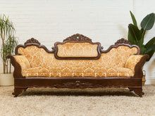 Load image into Gallery viewer, Edwardian Solid Walnut Frame Victorian Damask Gold Sofa
