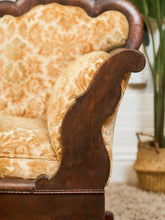 Load image into Gallery viewer, Edwardian Solid Walnut Frame Victorian Damask Gold Sofa
