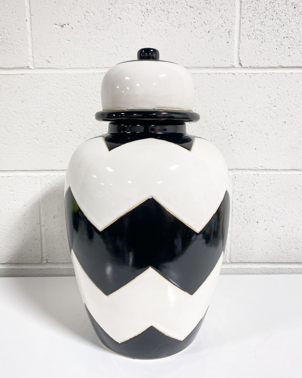 Large Black and White Zig Zag Vase with Lid